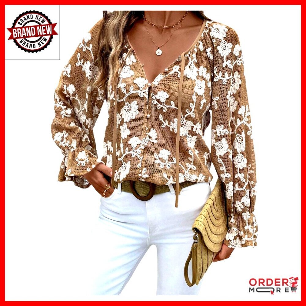 Floral Blouse V Neck Button Down Long Sleeve Tie Front Casual Top